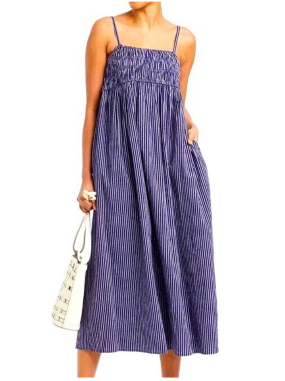 NWT a new day Navy Blue Pinstripe Spaghetti Strap Smocked MIDI Sundress - Picture 3 of 8